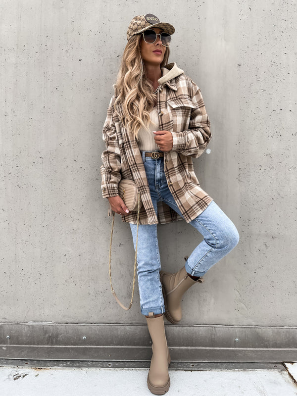 Women's Coat Fashion Hooded Wool Plaid Shirt Coat