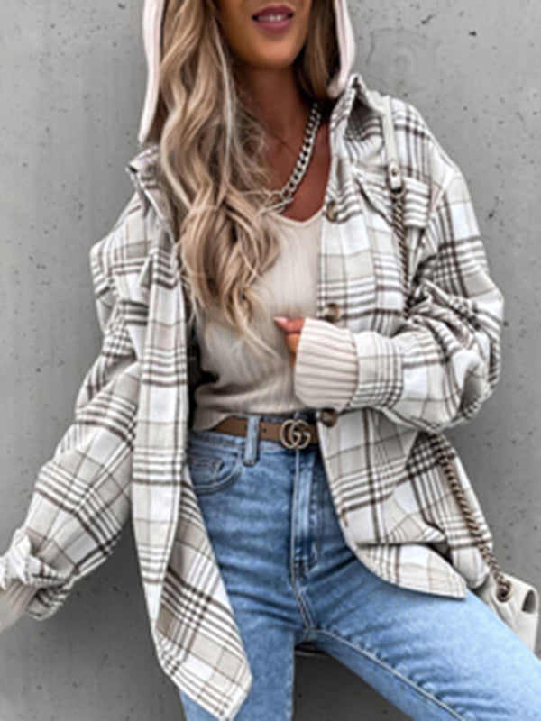 Women's Coat Fashion Hooded Wool Plaid Shirt Coat