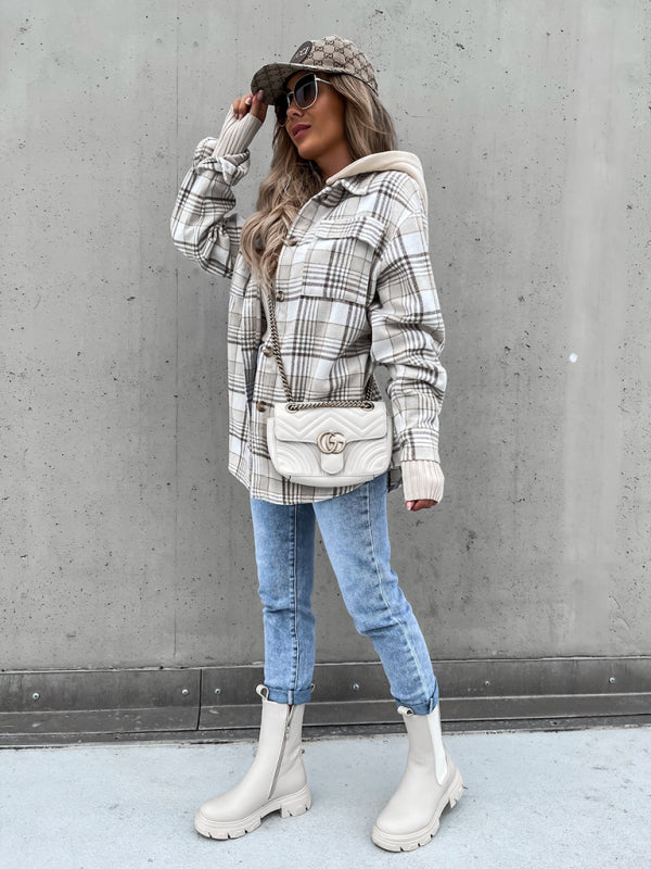 Women's Coat Fashion Hooded Wool Plaid Shirt Coat