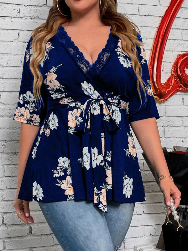 Plus size women's new printed V-neck lace shirt