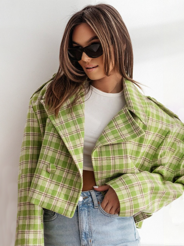 Fashionable British style suit collar plaid woolen coat