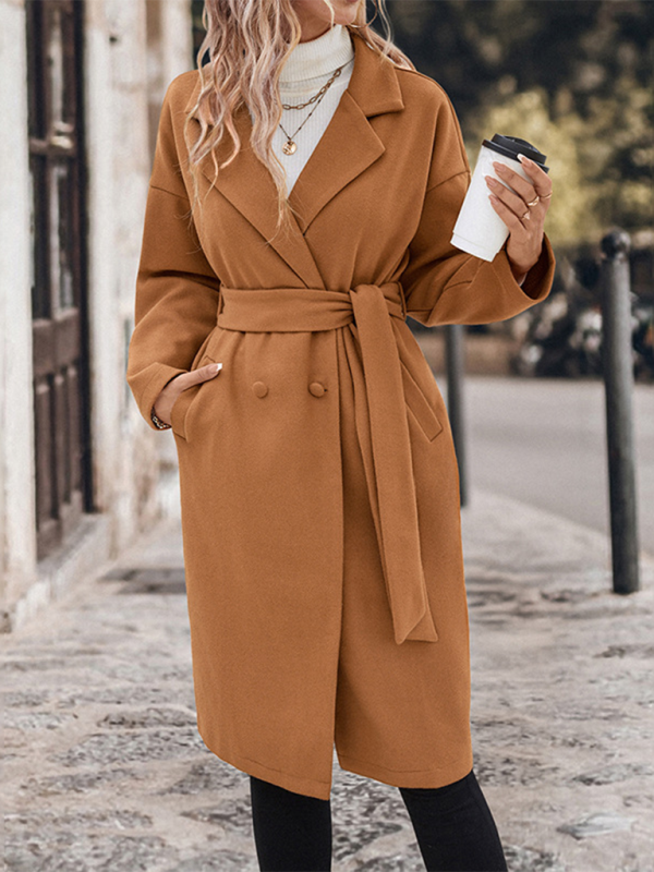 Women's Belted Long Solid Color Tweed Coat