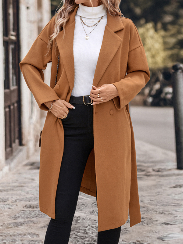 Women's Belted Long Solid Color Tweed Coat