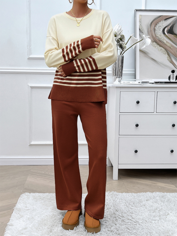 Casual Loose Clashing Color Straight Pants Sweater Set