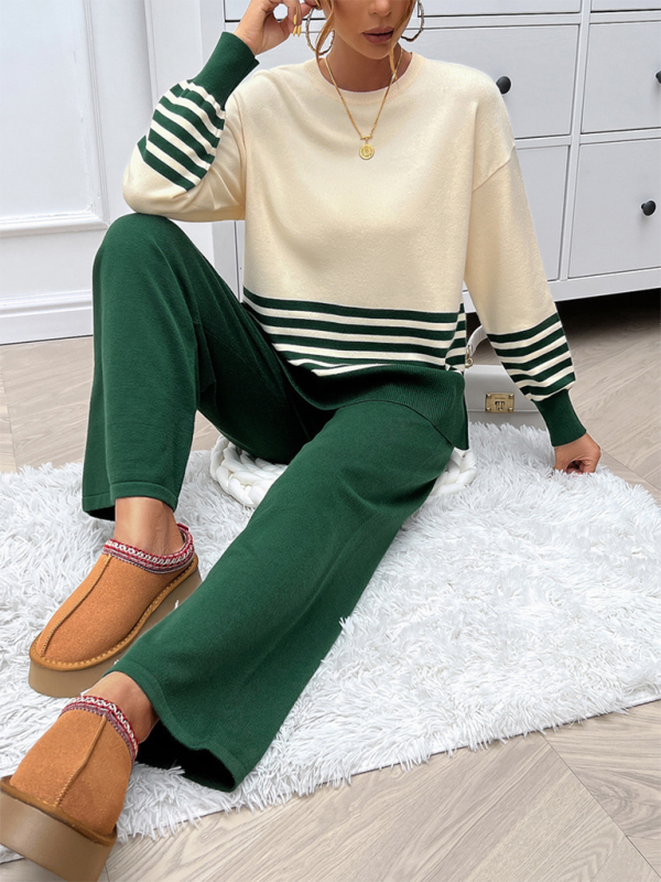 Casual Loose Clashing Color Straight Pants Sweater Set