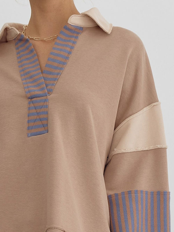 Women's Sweatshirt Oversized Polo Neck Striped Colorblock Top