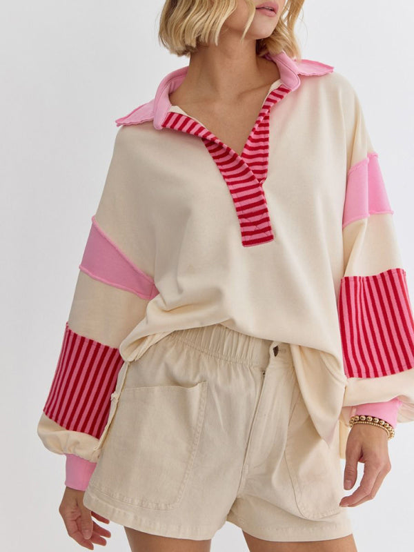 Women's Sweatshirt Oversized Polo Neck Striped Colorblock Top