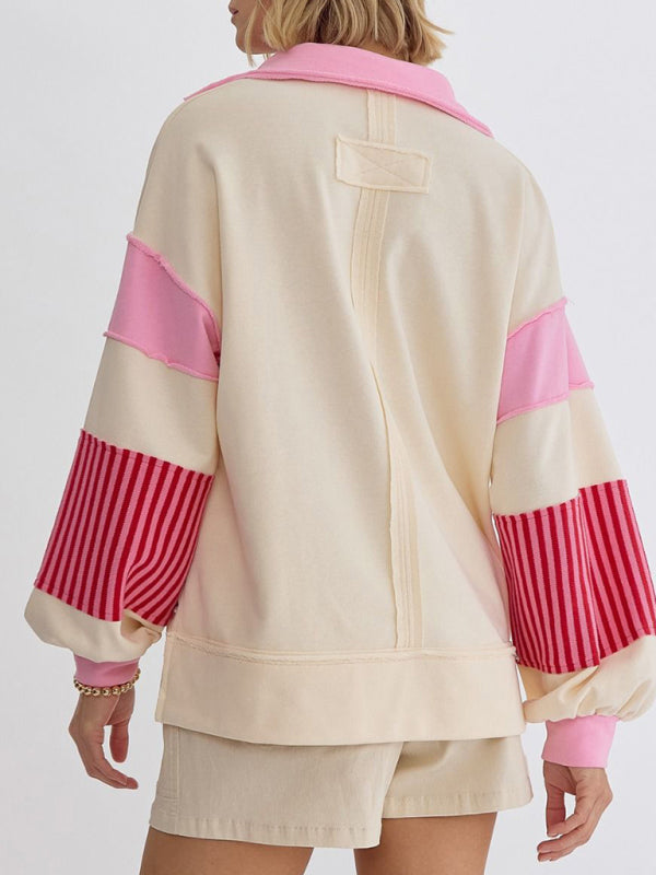 Women's Sweatshirt Oversized Polo Neck Striped Colorblock Top