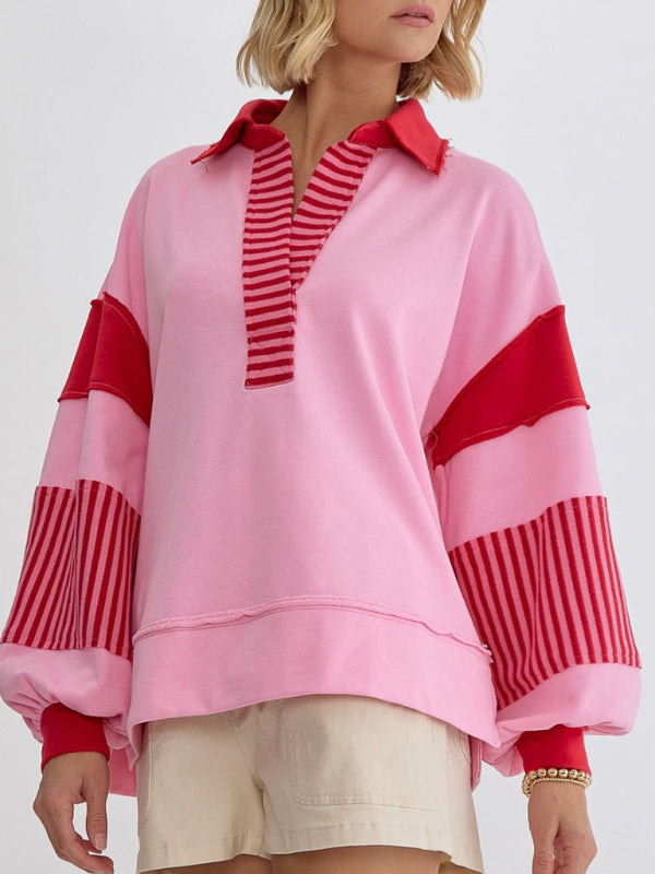 Women's Sweatshirt Oversized Polo Neck Striped Colorblock Top