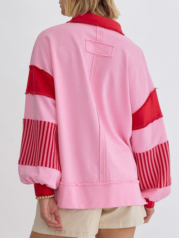 Women's Sweatshirt Oversized Polo Neck Striped Colorblock Top