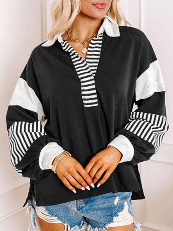 Women's Sweatshirt Oversized Polo Neck Striped Colorblock Top