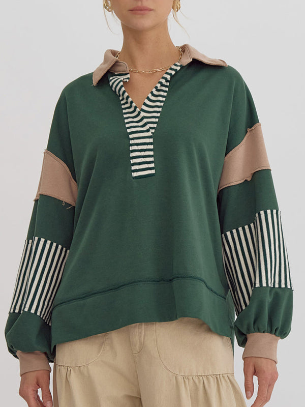 Women's Sweatshirt Oversized Polo Neck Striped Colorblock Top