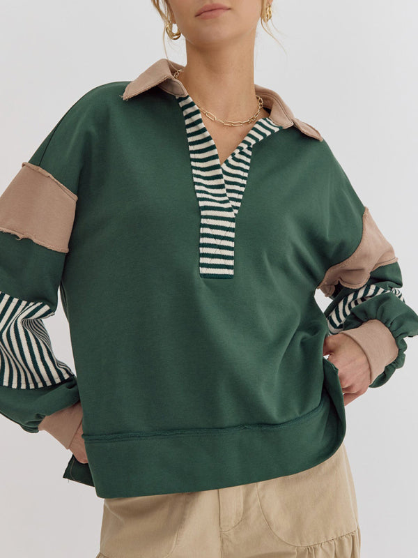 Women's Sweatshirt Oversized Polo Neck Striped Colorblock Top