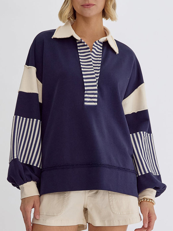 Women's Sweatshirt Oversized Polo Neck Striped Colorblock Top