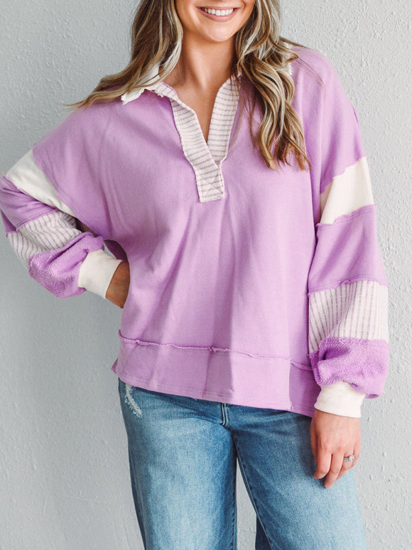 Women's Sweatshirt Oversized Polo Neck Striped Colorblock Top