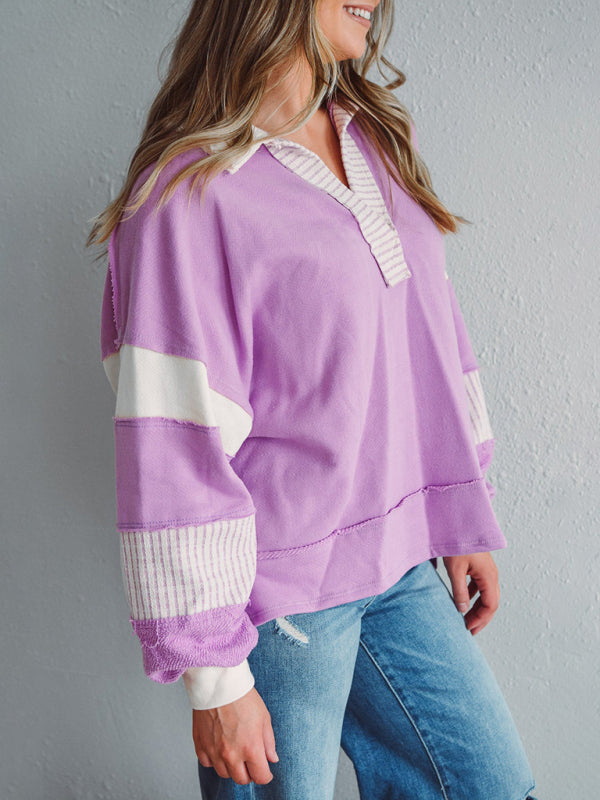 Women's Sweatshirt Oversized Polo Neck Striped Colorblock Top