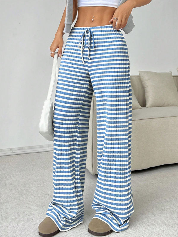 Women's new casual striped solid color rubber band drawstring wide leg pants