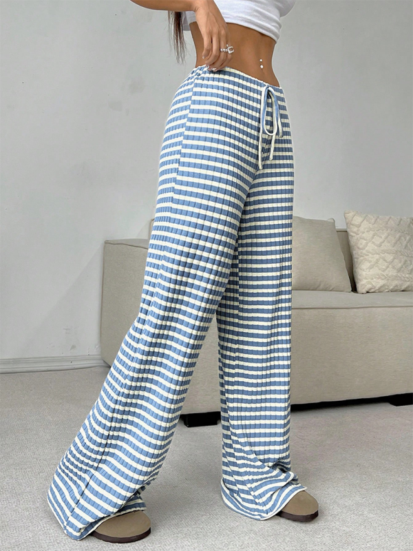 Women's new casual striped solid color rubber band drawstring wide leg pants