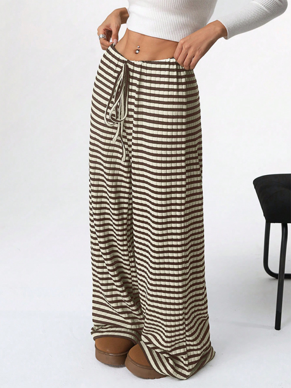 Women's new casual striped solid color rubber band drawstring wide leg pants