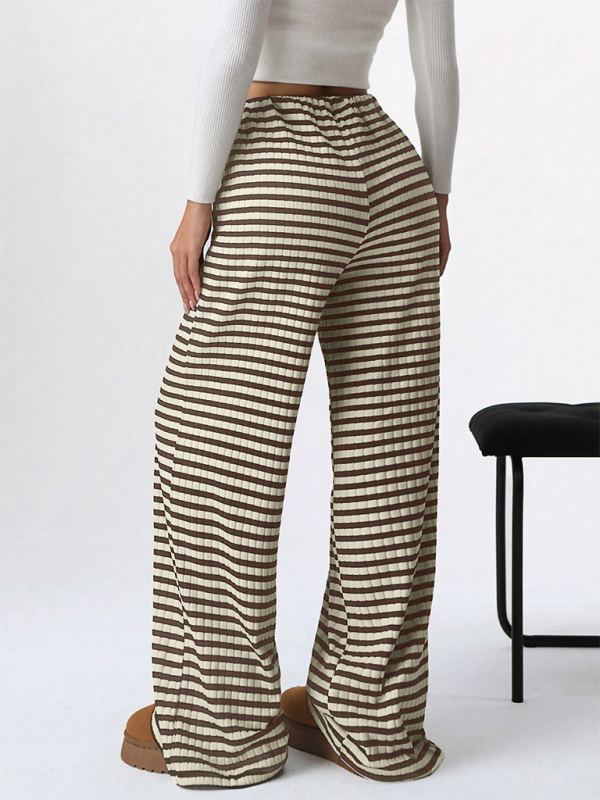 Women's new casual striped solid color rubber band drawstring wide leg pants