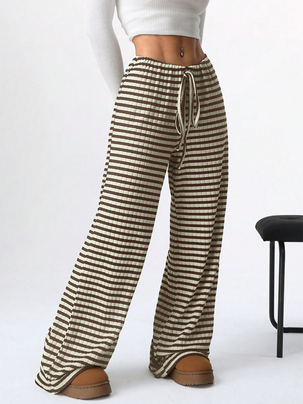 Women's new casual striped solid color rubber band drawstring wide leg pants