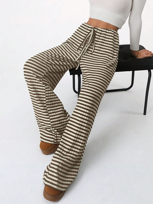 Women's new casual striped solid color rubber band drawstring wide leg pants