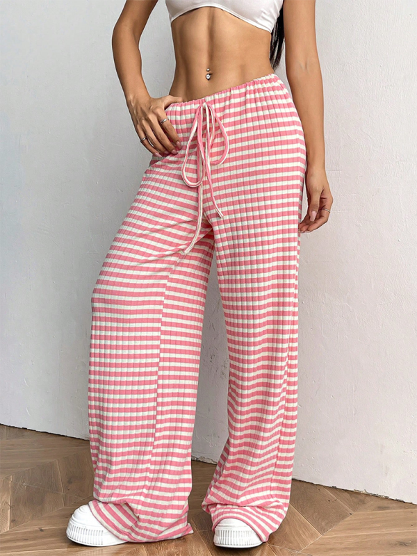 Women's new casual striped solid color rubber band drawstring wide leg pants