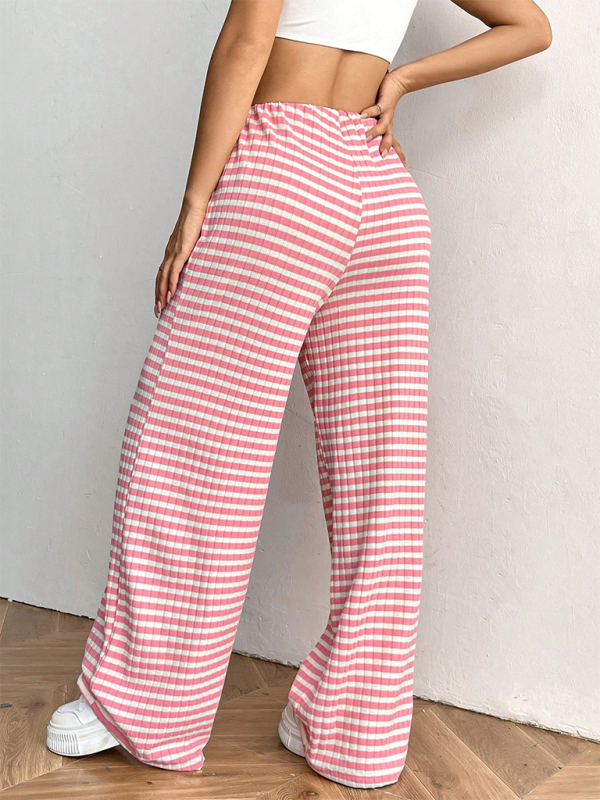 Women's new casual striped solid color rubber band drawstring wide leg pants