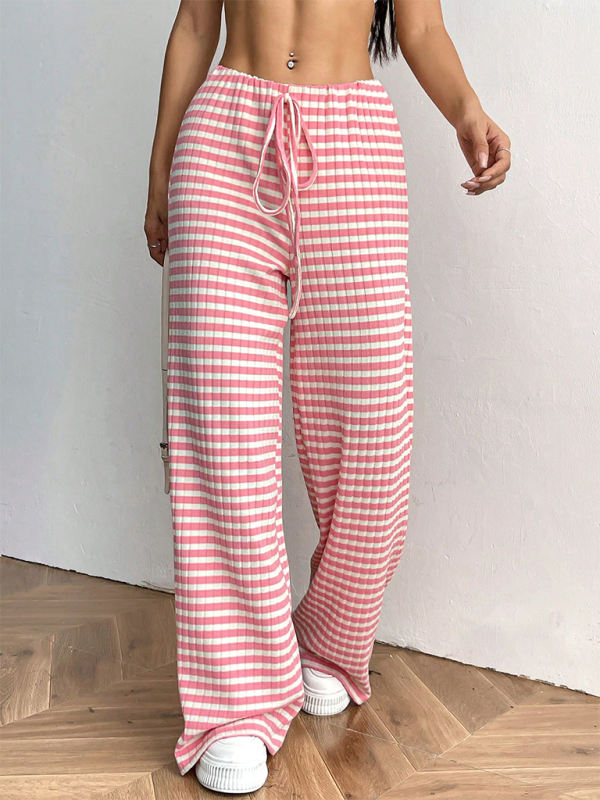 Women's new casual striped solid color rubber band drawstring wide leg pants