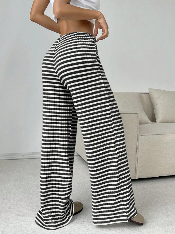 Women's new casual striped solid color rubber band drawstring wide leg pants