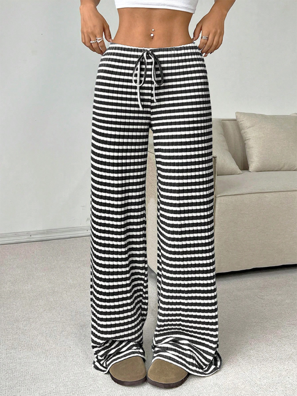 Women's new casual striped solid color rubber band drawstring wide leg pants