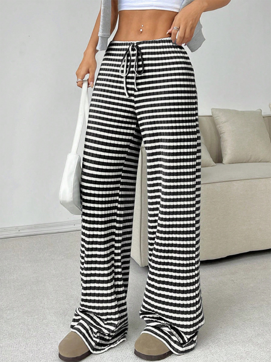 Women's new casual striped solid color rubber band drawstring wide leg pants